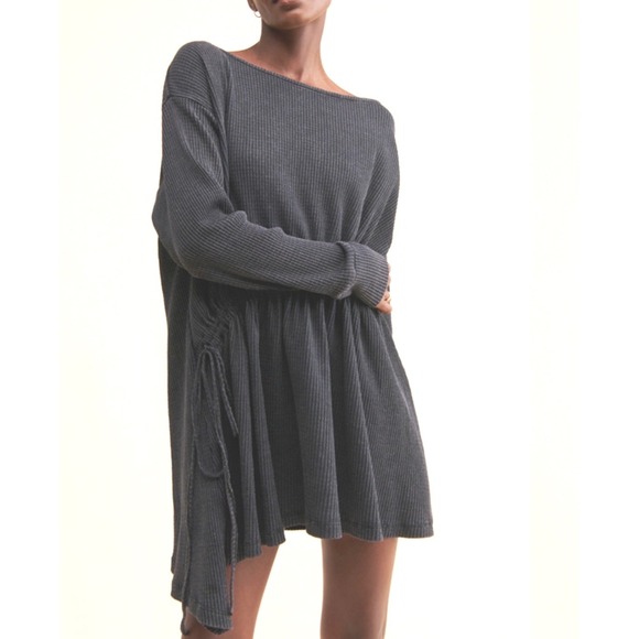 Free People Josie Gray Waffle Knit Cinch Thermal Tunic Top Dress Large L Boho - Picture 1 of 10